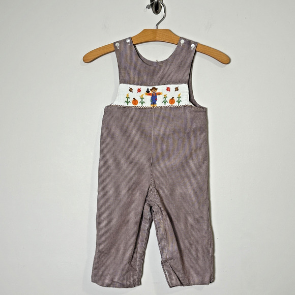 Velani Boys Smocked Embroidered Romper Size 2 Fall Scarecrow Pumpkin Gingham - Picture 1 of 9